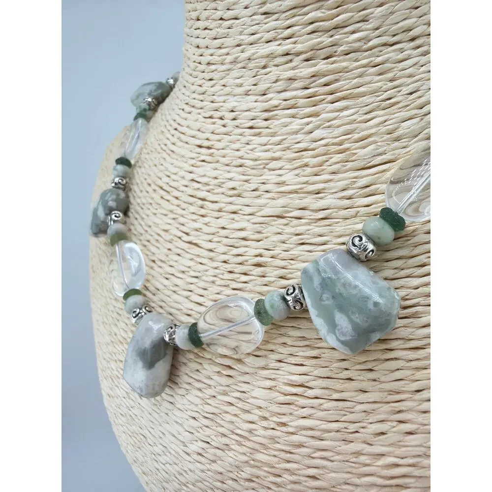 Handmade Green Jasper and Clear Quartz Statement Necklace and Earring Set